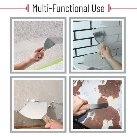 Five Piece Paint Scraper And Putty Knife Set With Five In One Tool for DIY home improvement shown in various uses