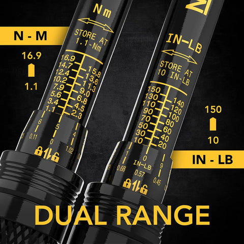 Dual range settings on Compact 1/4 Inch Drive Torque Wrench With Dual Direction Click, 72-Tooth Gear, Micro-Adjustment 10 To 150 In-Lb