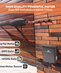 Heavy Duty Dual Swing Gate Opener Kit with powerful motor mounted on a wood gate, supports 20 feet and 1200 lbs.