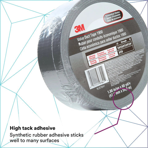 Value Thin Silver Duct Tape Single Roll, High-Tack Synthetic Rubber Adhesive, Moisture-Resistant Polyethylene Backing, Easy Tear by Hand