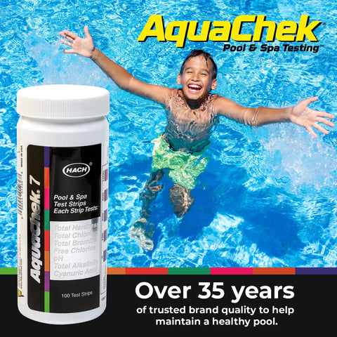 7-Way Pool And Spa Test Strips For pH, Total Chlorine, Free Chlorine, Bromine, Alkalinity, Total Hardness, Cyanuric Acid, 100 Strips For Easy No-Fuss At-Home Water Quality Check bottle next to a child swimming in a pool.