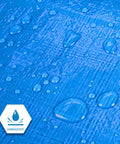 Close-up of blue tarp with water droplets demonstrating waterproof feature, part of Two Pack 12x16 Ft Blue Poly Tarp 5 Mil Thick Waterproof Dustproof Multipurpose Outdoor Cover For Camping Tents Boats RVs And Cars Durable Weatherproof Tarp With Heat Sealed Reinforced Edges For Long Lasting Outdoor Use In Extreme Conditions.