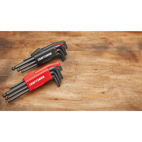 Ball End Hex Key Set 20 Piece With Storage Rack SAE And Metric Allen Wrenches on wooden surface