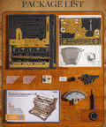 Package contents of 3D Wooden Puzzle for Adults Immersive 12 Hour Typewriter Model Kit with wooden sheets and tools.