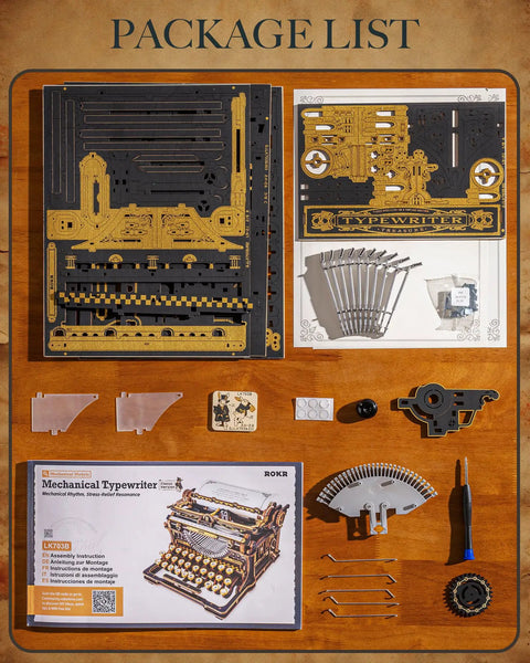 Package contents of 3D Wooden Puzzle for Adults Immersive 12 Hour Typewriter Model Kit with wooden sheets and tools.