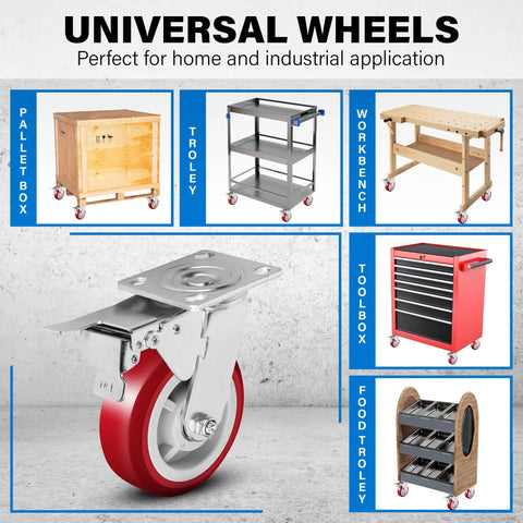 Solid As A Rock Six Inch Polyurethane Caster Wheels Rolling Smooth As Butter With Quiet 360 Degree Swivel Action For Effortless Glide On Hard Floors Heavy Duty Four Pack mounted on various furniture for versatile use.