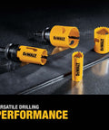 DEWALT bi-metal hole saw kit: four yellow hole saws with black arbors on a metal surface