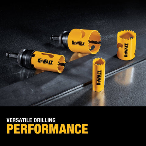 DEWALT bi-metal hole saw kit, electrician's set with yellow cutters and arbors, angled view