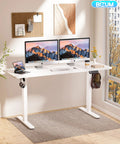 Sleek BIZUM Electric Standing Desk 60 x 24 Inch White Computer Gaming Workstation with dual monitors and notebook.