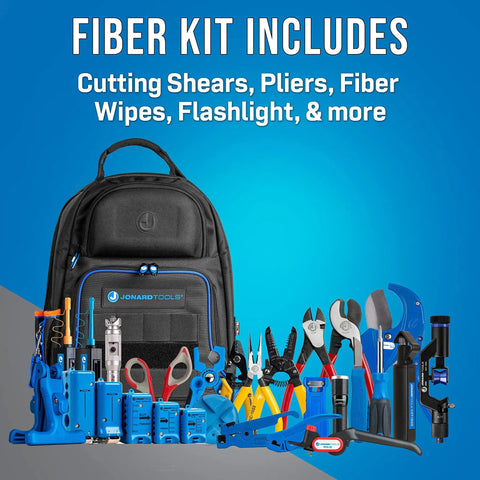 Ultimate Fiber Prep Backpack Kit With 27 Essential Fiber Optic Tools Including shears, pliers, and flashlight shown with backpack.