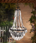 Hanging Lit Solar Metal Chandelier For Outdoor Patio with Clear Acrylic Beads, black frame, 33 Inch, Energy Efficient White LED.
