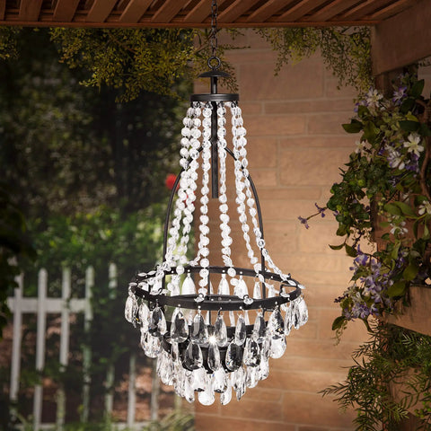 Hanging Lit Solar Metal Chandelier For Outdoor Patio with Clear Acrylic Beads, black frame, 33 Inch, Energy Efficient White LED.