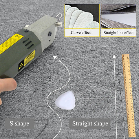 Dive into heavy duty sewing projects with this electric rotary fabric cutter demonstrating S and straight cut shapes on fabric.