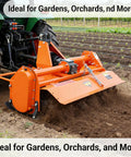49 Inch 3 Point Rotary Tiller Attachment For Cat 1 Tractors 20 To 30 HP, 540 RPM PTO Driven Cultivator in operation on soil