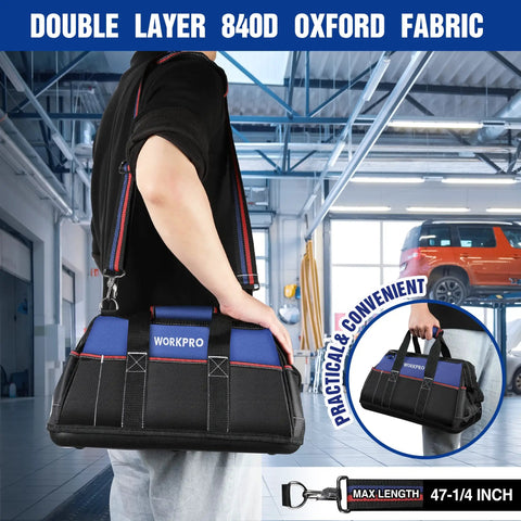16 Inch Wide Mouth Tool Bag With Waterproof Molded Base, Heavy Duty 840D Polyester, Pro Grade Tool Organizer For Home, Garage And Job Site, Durable, Water Resistant Carryall With Double Stitching on shoulder