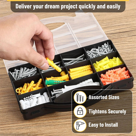All In One Wall Anchors Kit With 370 Pieces for Picture Hanging, assorted drywall anchors and screws in organizer box