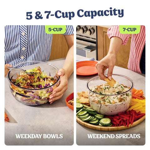 5 In 1 Kitchen Prep And Storage Bowl System Featuring Crinkle Slice And Shred Blades For Real Deal Meal Prep And Hosting Like A Champ With Secure Snap Lids, 5-cup and 7-cup bowls with salads and spreads.