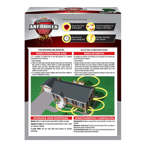 Outdoor Ant Killing Stakes 6 Count Kit packaging with usage instructions and house diagram, highlighting bait placement and effectiveness