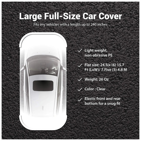 Universal Clear Car Cover For SUVs Sedans Sports Cars And Vintage Rides Up To 22 Feet By 12 Feet, Lightweight, on black textured background