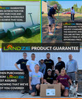 Collage of Landzie product guarantee and team photos with lawn care tools and promotional banners.