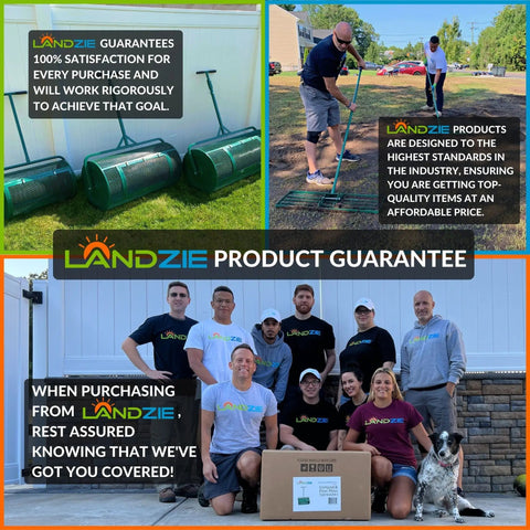 Collage of Landzie product guarantee and team photos with lawn care tools and promotional banners.