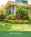 No Dig Black Metal Garden Fence Panels Six Pack Decorative Border For Yard shown installed around lush garden with rabbits nearby