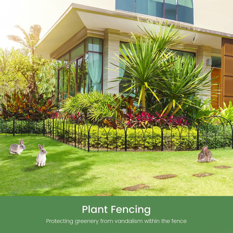 No Dig Black Metal Garden Fence Panels Six Pack Decorative Border For Yard shown installed around lush garden with rabbits nearby