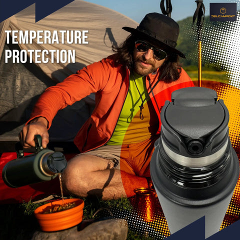 Replacement Cap And Lid For Classic Insulated Wide Mouth Flasks, Fits Thermal Stopper, man pouring drink, camping scene, close-up