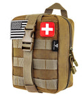 Front view of tan CareTac IFAK tactical medical pouch with MOLLE straps and red cross patch.
