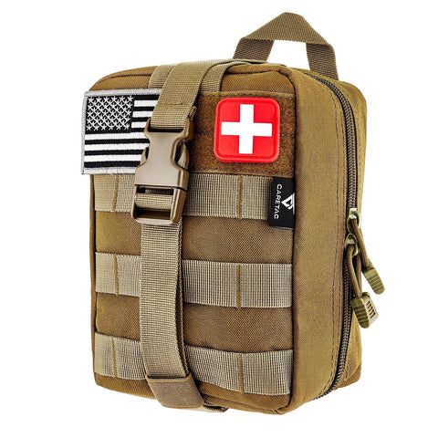 Front view of tan CareTac IFAK tactical medical pouch with MOLLE straps and red cross patch.