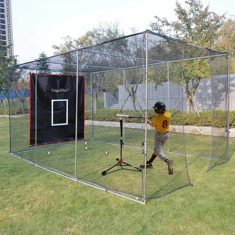 Child practicing in 6x8Ft Batting Cage Backstop With Heavy Duty Padding And Strike Zone Vinyl Net Protector for backyard practice.