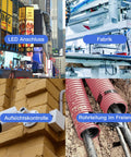 Collage of LED signs, factory machinery, surveillance camera, and outdoor cable installation.