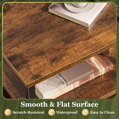Close-up of Two Drawer Nightstand Set with Open Shelf and Wooden Top Rustic Brown, showing smooth surface and books on shelf
