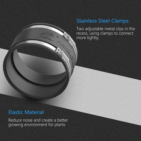 8 Inch Dust Collection Fittings Rubber Noise Reduction Clamp For 8 Inch PVC Pipe HVAC Inline Duct Fans And Carbon Filters Duct Reducer Easy Fit 8 To 6 Inch Duct Adapter Connector showing stainless steel clamps and elastic material description.