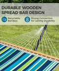 Close-up of Two Person Quilted Outdoor Hammock With Stand Detachable Pillow And Bamboo Spreaders Portable Hammock With Carrying Bag Heavy Duty Frame Perfect For Yard Patio Or Outdoor Chill Dark Cyan showing bamboo spreaders.