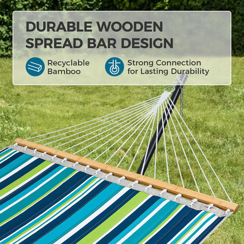 Close-up of Two Person Quilted Outdoor Hammock With Stand Detachable Pillow And Bamboo Spreaders Portable Hammock With Carrying Bag Heavy Duty Frame Perfect For Yard Patio Or Outdoor Chill Dark Cyan showing bamboo spreaders.