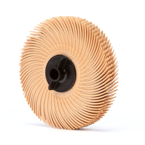 Radial Bristle Disc For Deburring Finishing Coating Removal And Polishing, Three Eighths Inch Thick, 40 Per Inner 80 Per Case, Ceramic Abrasive Grain Delivers Aggressive Cutting With Consistent Finish. Image of a radial bristle disc, showcasing side view with ceramic abrasive bristles suitable for industrial finishing.