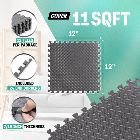 EVA Interlocking Floor Mats With Puzzle Tiles 12x12 Inch Foam Padding Border, 12 tiles, 24 end borders, 11 sqft coverage
