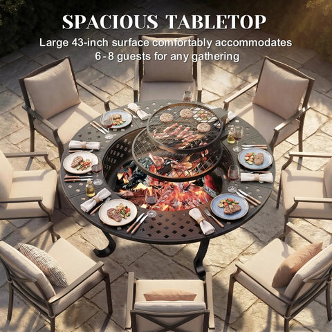 43 Inch Outdoor Fire Pit Table With Two Removable Grills, Lid, And Poker, 3 In 1 Wood Burning Bonfire, BBQ Grill, And Cozy Patio Coffee Table for Backyard view, chairs around table.