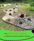 2 Inch Tall Landscape Edging Kit For 100 Ft Of Lawn And Garden Border With 5 Connectors And 60 Anchoring Spikes, shown in garden use