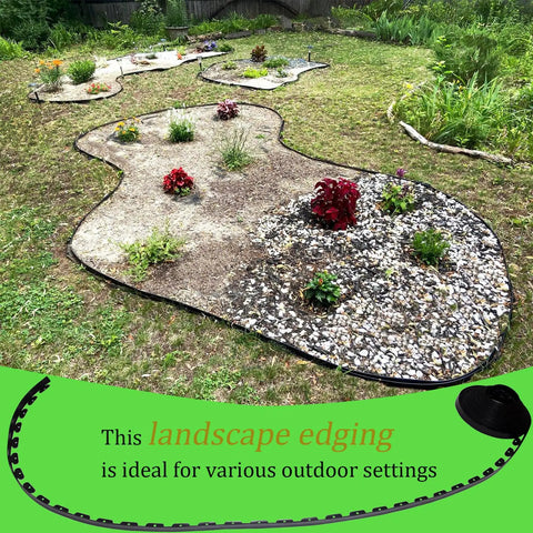 2 Inch Tall Landscape Edging Kit For 100 Ft Of Lawn And Garden Border With 5 Connectors And 60 Anchoring Spikes, shown in garden use