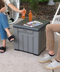 Versatile Outdoor Storage Cube Deck Box Doubles As Cozy Bench Seat And 25 Gallon Capacity Weather Resistant Patio Organizer with drinks.
