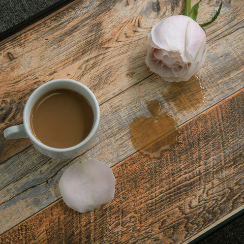 17.71 In By 118 In Distressed Wood Plank Peel And Stick Wallpaper with flower and coffee spill on rustic wood grain pattern
