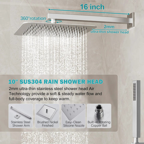 Brushed Nickel Shower System With 10 Inch Rain Showerhead, showing rainfall, stainless steel arm, and handheld spray detail.
