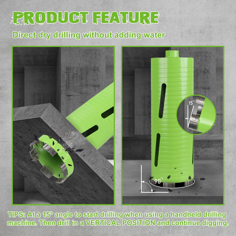 Heavy Duty 4 Inch Dry Core Drill Bit With Full Masonry Setup, showing features for direct dry drilling in concrete.