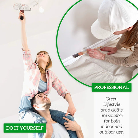 People painting with All Purpose Canvas Drop Cloths For Painting And Renovation Heavy Duty Floor Cover Protects Furniture And Surfaces 14x16 Inch