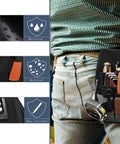 5 Pocket Tool Pouch With Heavy Duty Belt Clip For Tool Belts Up To 2 Inches Wide, attached to waist, holding tools like screwdrivers.