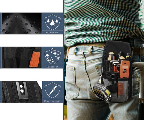 5 Pocket Tool Pouch With Heavy Duty Belt Clip For Tool Belts Up To 2 Inches Wide, attached to waist, holding tools like screwdrivers.