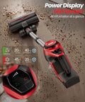 Heavy Duty Cordless Stick Vacuum With 45Kpa Beast Mode Suction And Smart Display, 1.5L Dust Bin, 40 Min Runtime, Lightweight Rechargeable Handheld For Pet Hair Carpet Hardwood Floors Cars Crimson with power display and LED screen showing info.