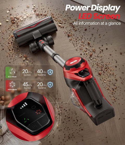 Heavy Duty Cordless Stick Vacuum With 45Kpa Beast Mode Suction And Smart Display, 1.5L Dust Bin, 40 Min Runtime, Lightweight Rechargeable Handheld For Pet Hair Carpet Hardwood Floors Cars Crimson with power display and LED screen showing info.